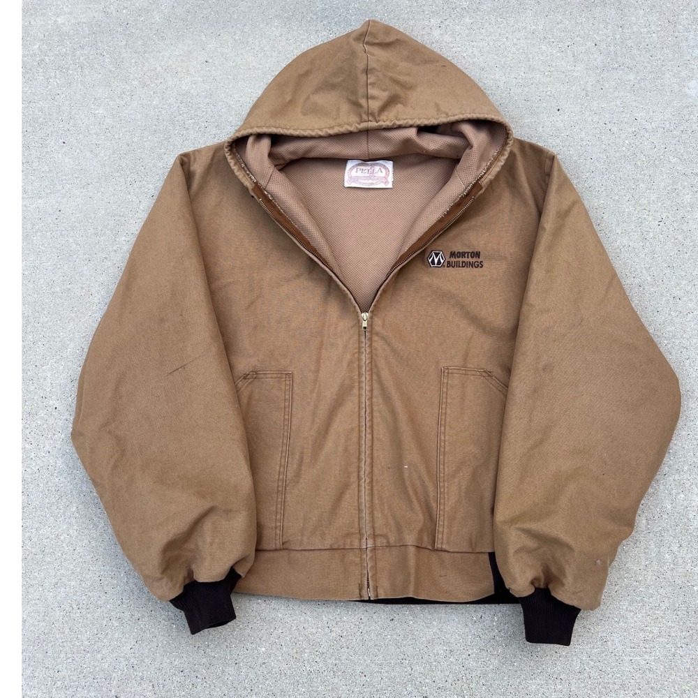 Work Jacket Mens Brown Canvas Hooded Thermal Lined Large